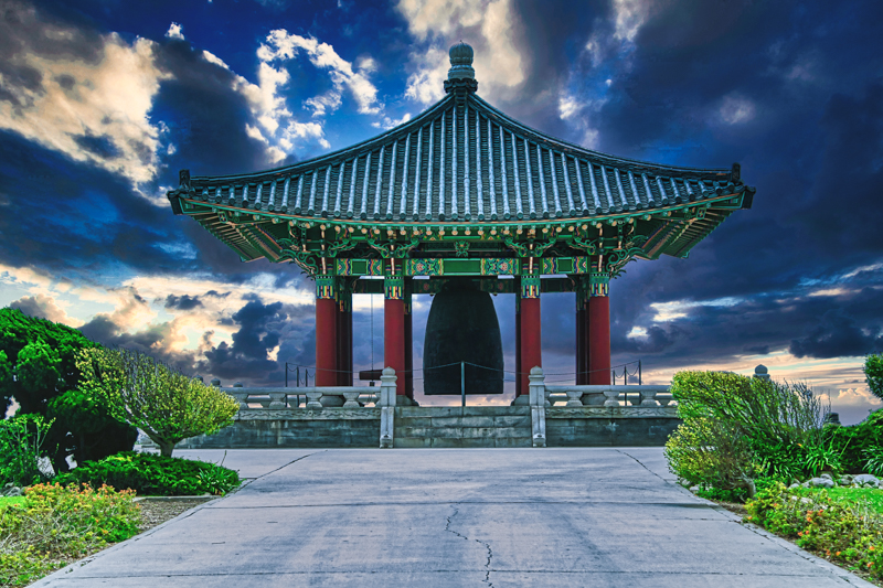Korean Bell of Friendship pavilion, San Pedro — storm clouds rolling in over the Pacific